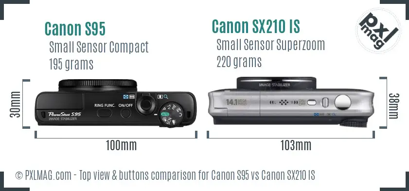Canon S95 vs Canon SX210 IS top view buttons comparison Canon S95 vs Canon SX210 IS top view buttons comparison
