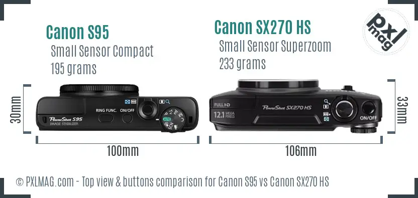 Canon S95 vs Canon SX270 HS top view buttons comparison