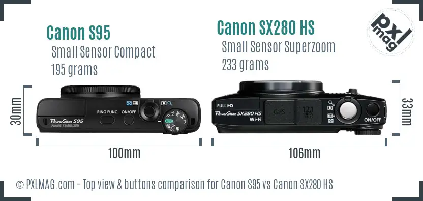 Canon S95 vs Canon SX280 HS top view buttons comparison Canon S95 vs Canon SX280 HS top view buttons comparison