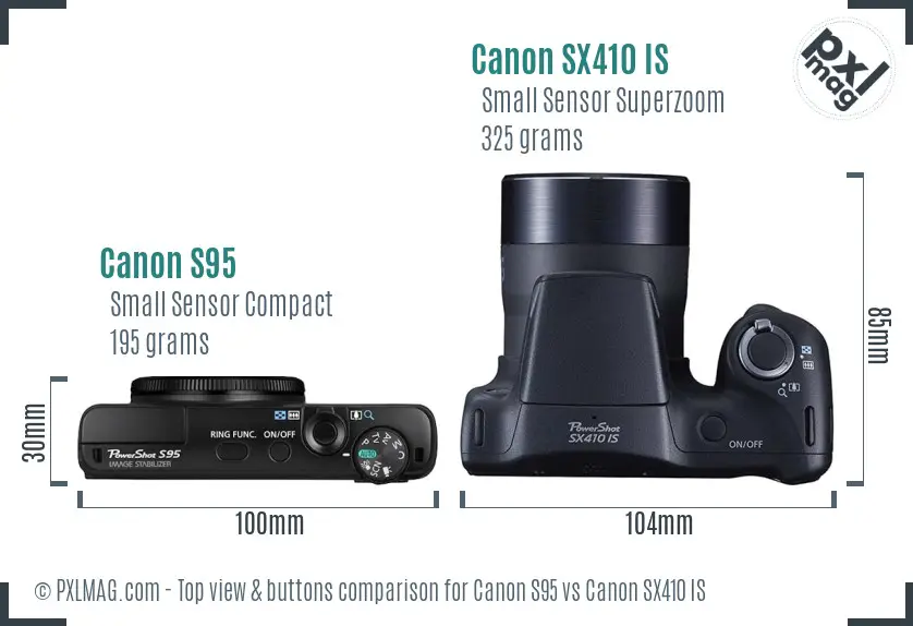 Canon S95 vs Canon SX410 IS top view buttons comparison