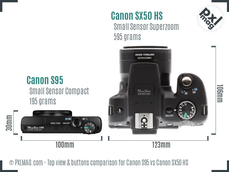 Canon S95 vs Canon SX50 HS top view buttons comparison Canon S95 vs Canon SX50 HS top view buttons comparison