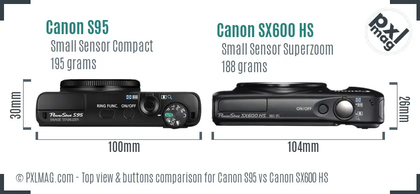 Canon S95 vs Canon SX600 HS top view buttons comparison Canon S95 vs Canon SX600 HS top view buttons comparison