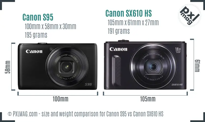 Canon S95 vs Canon SX610 HS size comparison