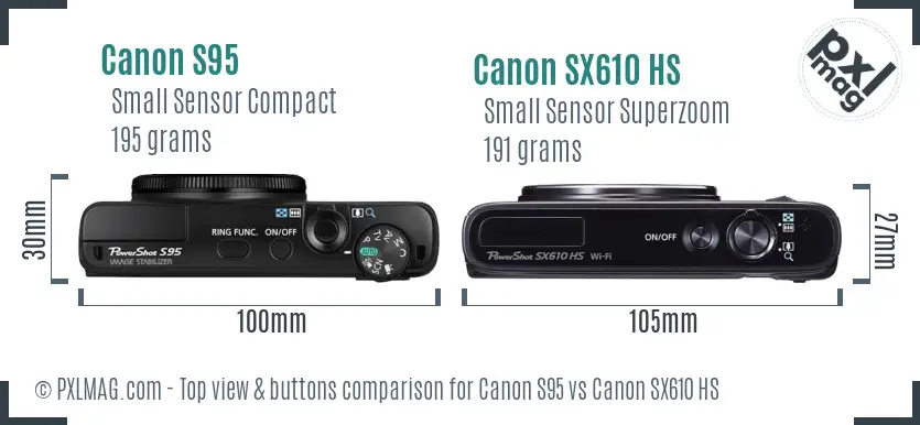 Canon S95 vs Canon SX610 HS top view buttons comparison