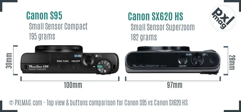 Canon S95 vs Canon SX620 HS top view buttons comparison Canon S95 vs Canon SX620 HS top view buttons comparison