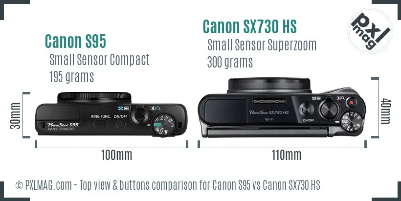 Canon S95 vs Canon SX730 HS top view buttons comparison