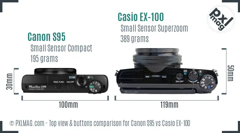 Canon S95 vs Casio EX-100 top view buttons comparison Canon S95 vs Casio EX-100 top view buttons comparison