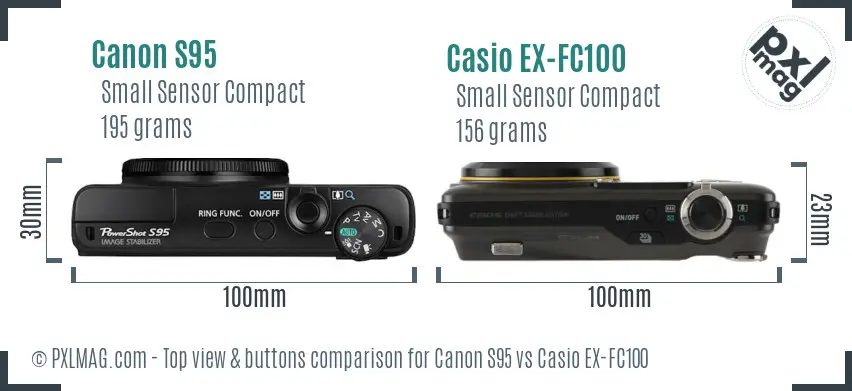 Canon S95 vs Casio EX-FC100 top view buttons comparison