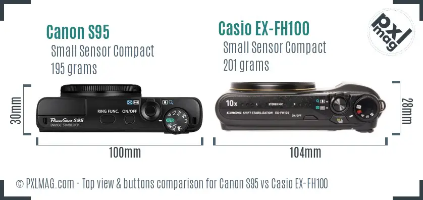 Canon S95 vs Casio EX-FH100 top view buttons comparison