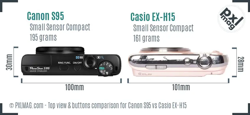 Canon S95 vs Casio EX-H15 top view buttons comparison