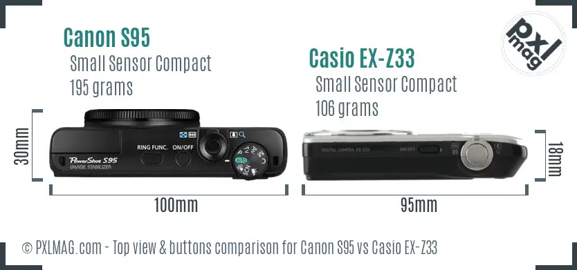 Canon S95 vs Casio EX-Z33 top view buttons comparison