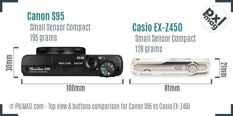 Canon S95 vs Casio EX-Z450 top view buttons comparison