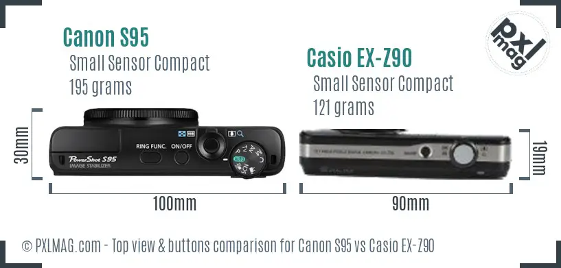 Canon S95 vs Casio EX-Z90 top view buttons comparison