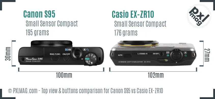 Canon S95 vs Casio EX-ZR10 top view buttons comparison Canon S95 vs Casio EX-ZR10 top view buttons comparison