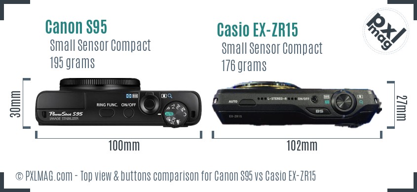 Canon S95 vs Casio EX-ZR15 top view buttons comparison