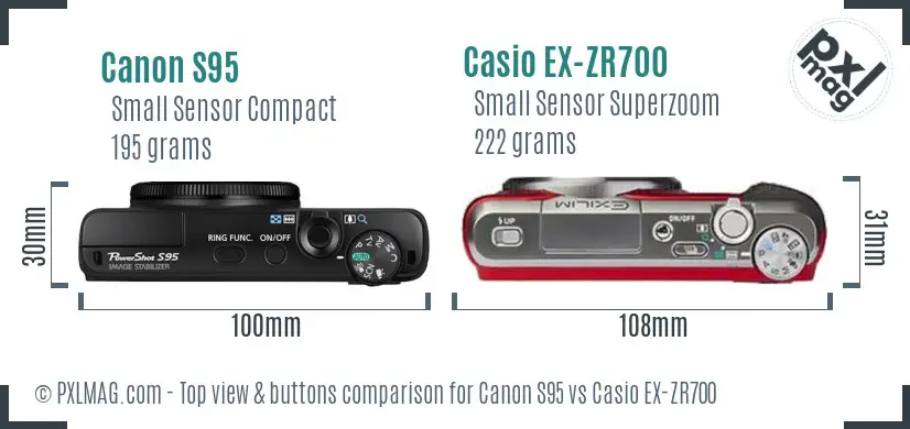 Canon S95 vs Casio EX-ZR700 top view buttons comparison