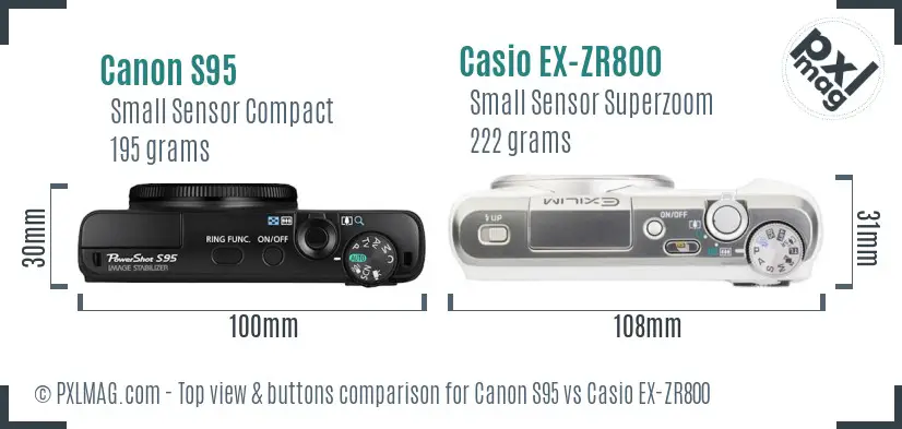 Canon S95 vs Casio EX-ZR800 top view buttons comparison