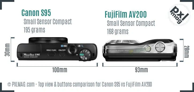 Canon S95 vs FujiFilm AV200 top view buttons comparison