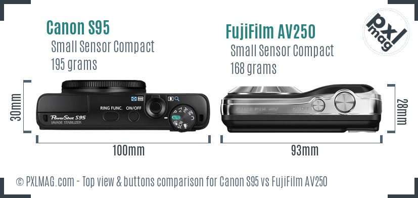 Canon S95 vs FujiFilm AV250 top view buttons comparison