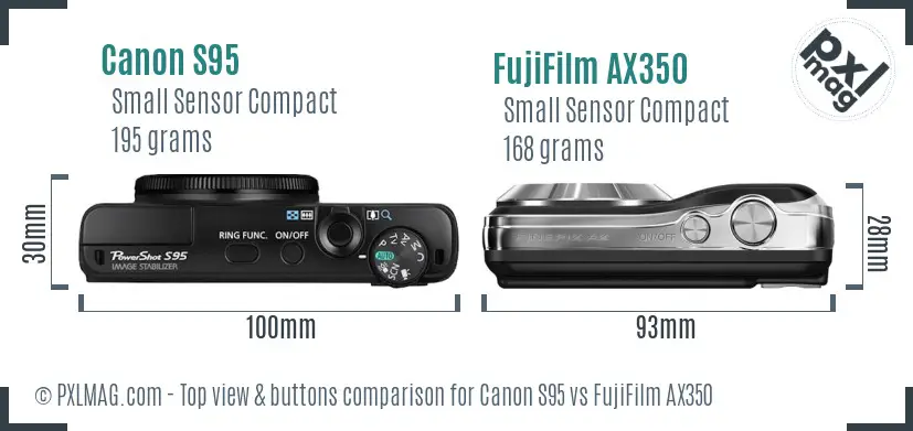 Canon S95 vs FujiFilm AX350 top view buttons comparison