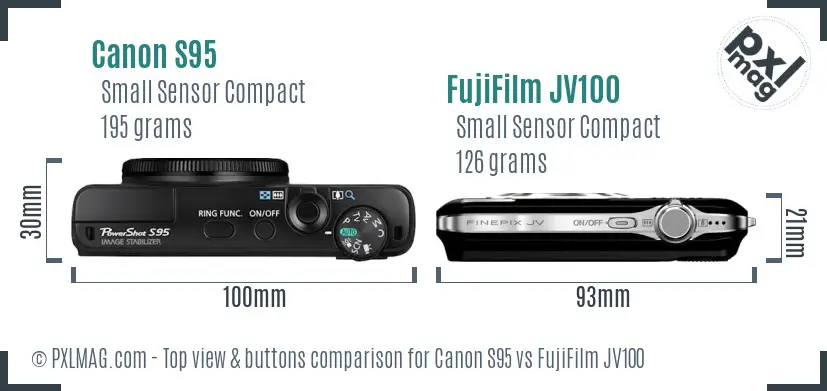 Canon S95 vs FujiFilm JV100 top view buttons comparison