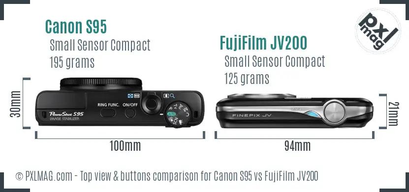 Canon S95 vs FujiFilm JV200 top view buttons comparison