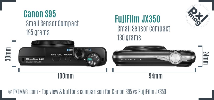Canon S95 vs FujiFilm JX350 top view buttons comparison
