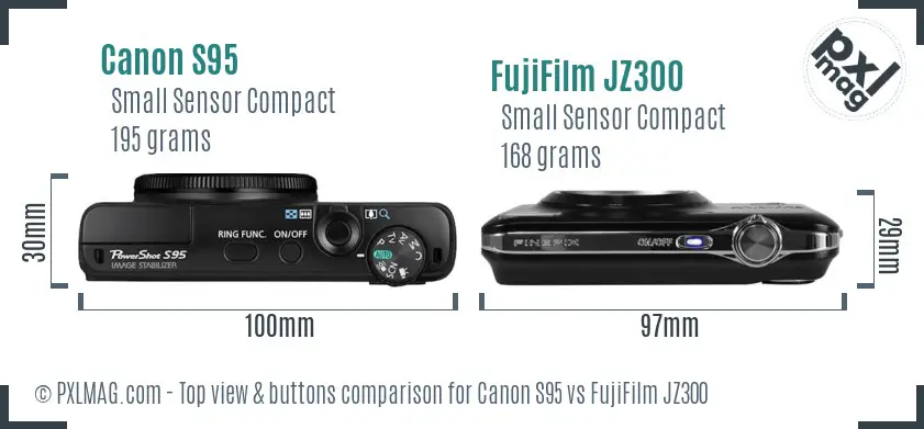 Canon S95 vs FujiFilm JZ300 top view buttons comparison