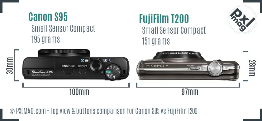 Canon S95 vs FujiFilm T200 top view buttons comparison