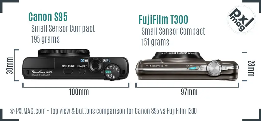 Canon S95 vs FujiFilm T300 top view buttons comparison Canon S95 vs FujiFilm T300 top view buttons comparison