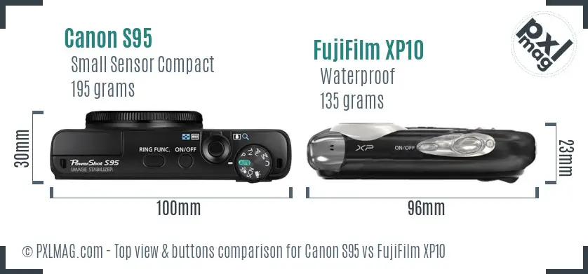 Canon S95 vs FujiFilm XP10 top view buttons comparison