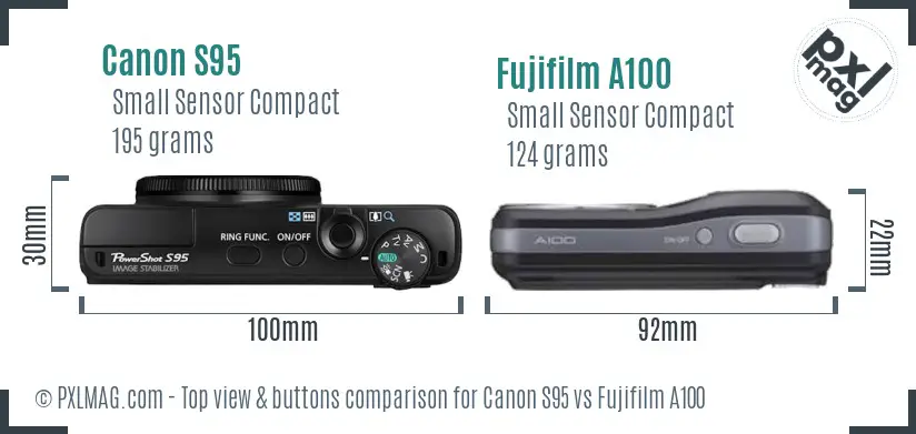 Canon S95 vs Fujifilm A100 top view buttons comparison