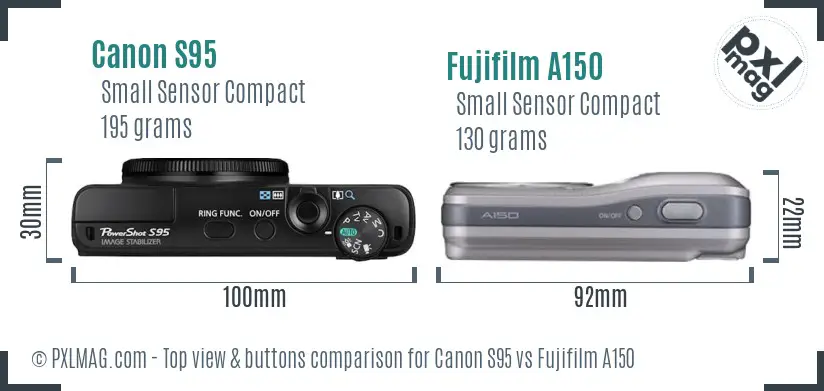 Canon S95 vs Fujifilm A150 top view buttons comparison Canon S95 vs Fujifilm A150 top view buttons comparison