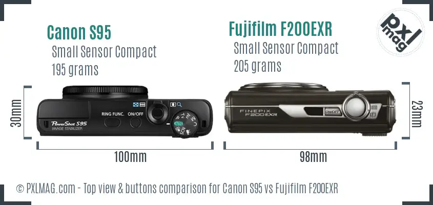 Canon S95 vs Fujifilm F200EXR top view buttons comparison