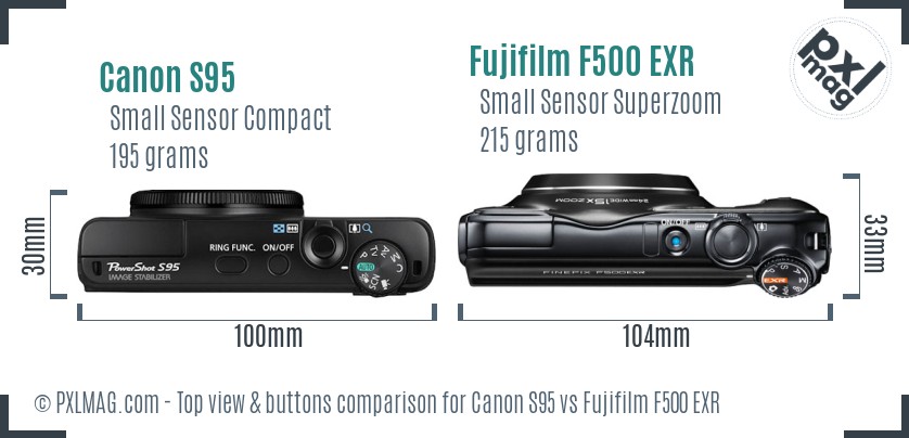 Canon S95 vs Fujifilm F500 EXR top view buttons comparison