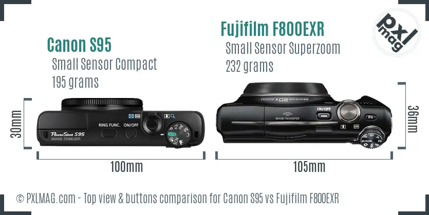 Canon S95 vs Fujifilm F800EXR top view buttons comparison Canon S95 vs Fujifilm F800EXR top view buttons comparison