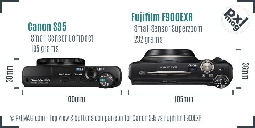Canon S95 vs Fujifilm F900EXR top view buttons comparison