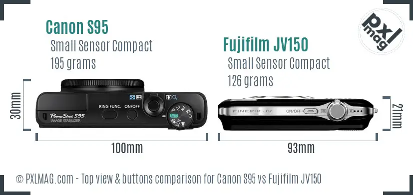 Canon S95 vs Fujifilm JV150 top view buttons comparison