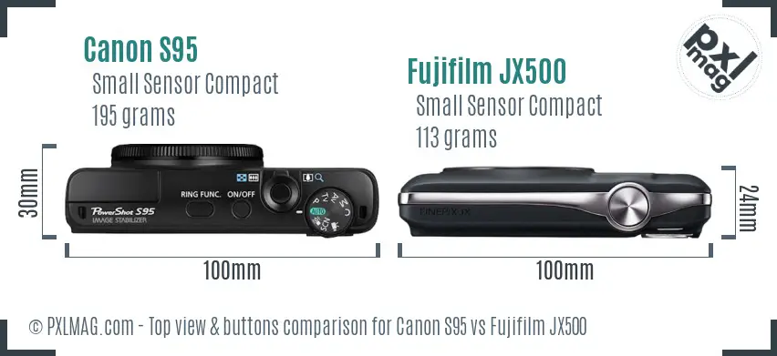 Canon S95 vs Fujifilm JX500 top view buttons comparison Canon S95 vs Fujifilm JX500 top view buttons comparison
