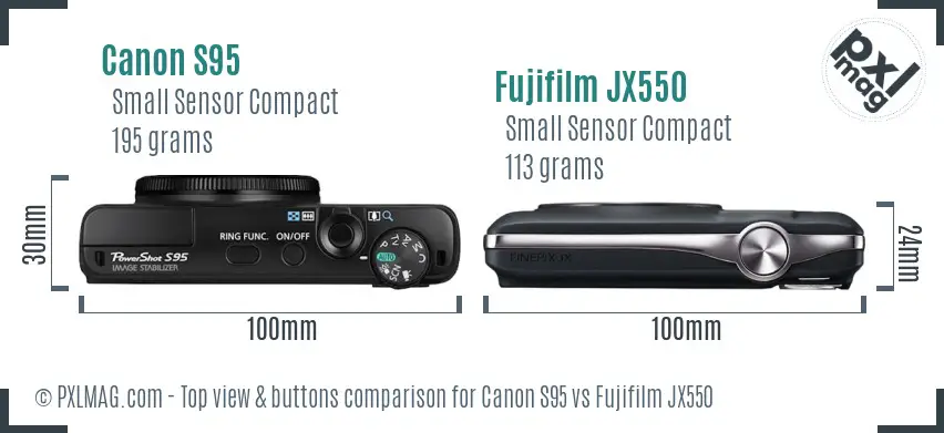 Canon S95 vs Fujifilm JX550 top view buttons comparison Canon S95 vs Fujifilm JX550 top view buttons comparison