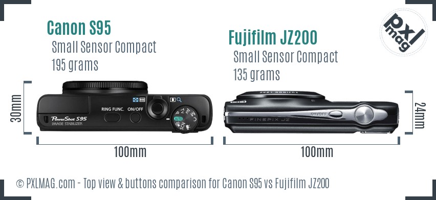 Canon S95 vs Fujifilm JZ200 top view buttons comparison