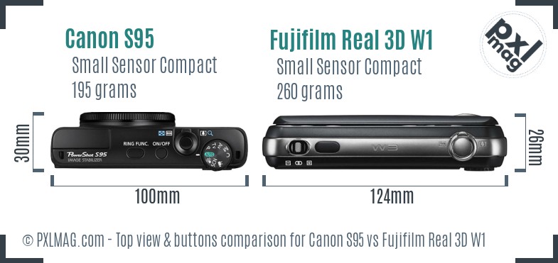 Canon S95 vs Fujifilm Real 3D W1 top view buttons comparison
