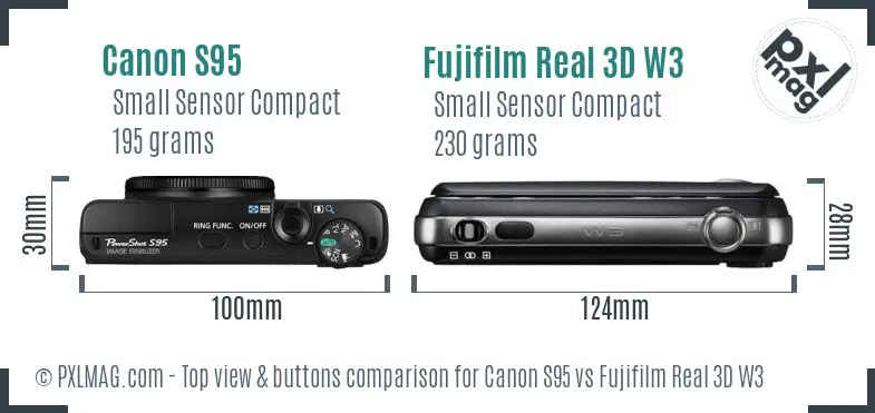 Canon S95 vs Fujifilm Real 3D W3 top view buttons comparison