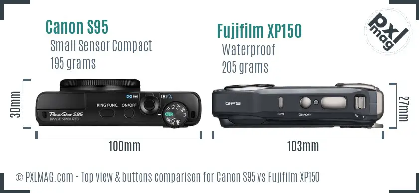 Canon S95 vs Fujifilm XP150 top view buttons comparison