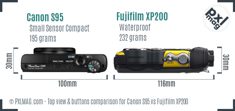 Canon S95 vs Fujifilm XP200 top view buttons comparison