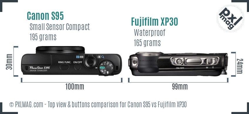 Canon S95 vs Fujifilm XP30 top view buttons comparison