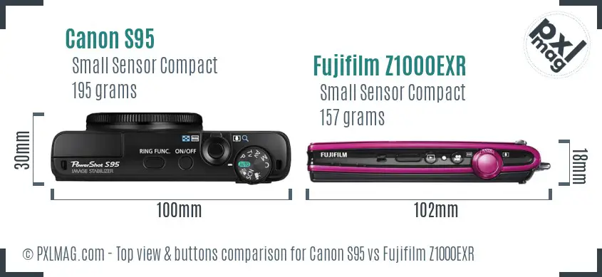 Canon S95 vs Fujifilm Z1000EXR top view buttons comparison