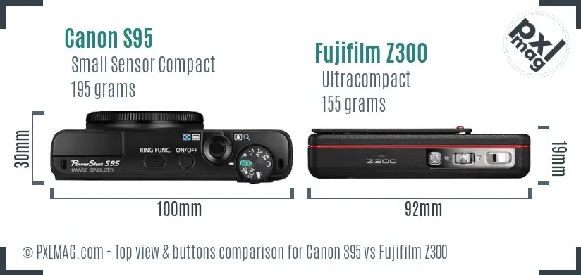 Canon S95 vs Fujifilm Z300 top view buttons comparison Canon S95 vs Fujifilm Z300 top view buttons comparison