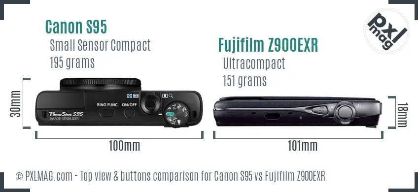 Canon S95 vs Fujifilm Z900EXR top view buttons comparison