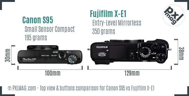 Canon S95 vs Fujifilm X-E1 top view buttons comparison Canon S95 vs Fujifilm X-E1 top view buttons comparison